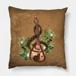 Music, Violin with clef, flowers and birds Pillow