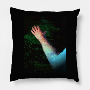 Digital collage and special processing. Ugly close up, amazing on distance. Hand, water view. Dark green water. Pillow