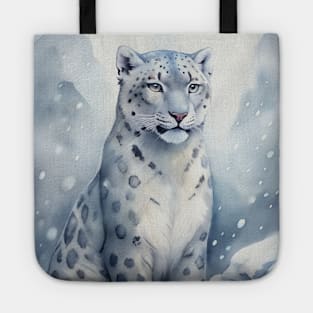 A Proud Snow Leopard Went Hunting, in the Snowy forest, Hight Mountains, Snow Falling, Winter Landscape, Wildlife White Panthera, Watercolor Realistic Illustration, Art, Portrait, Poster, Shirt, Christmas Holiday, Birthday gifts, Hunting lover Tote