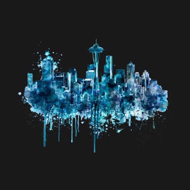 Seattle Skyline monochrome watercolor by Marian Voicu