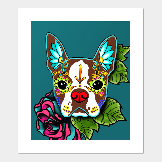 Day of the Dead Boston Terrier Sticker Sugar Skull Dog Decal Muertos Calavera