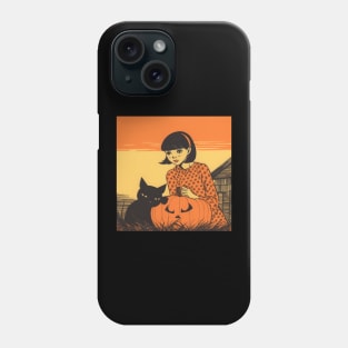 Halloween Brunette Girl in orange dress with black Cat and Pumpkin Phone Case