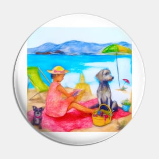 Girl and dogs on the beach, pencil drawing Pin