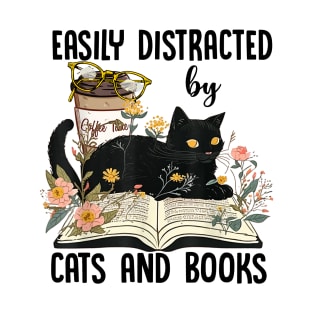 Easily Distracted By Cats And Books Reading 2023 Flower Cat Book Lover T-Shirt