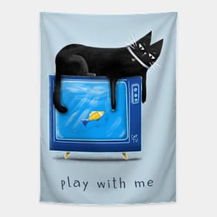 Cartoon black cat with a TV and a fish on the screen and the inscription "Play with me". Tapestry