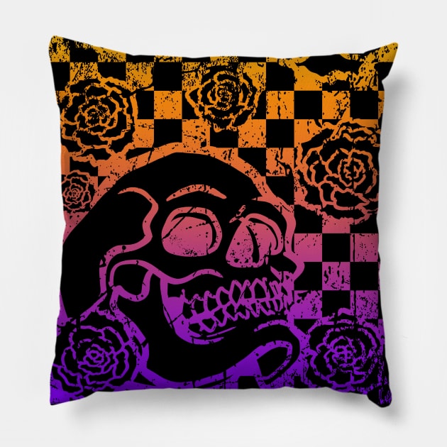 Skull and Roses Checkerboard (Sunset Version) Pillow by Jan Grackle