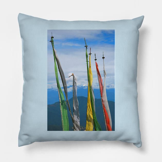 Prayer Flags on the Road in Bhutan Pillow by Carole-Anne