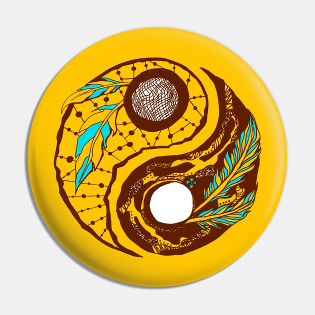 Mustard Brown Feathers Yin Yang Pin by kenallouis