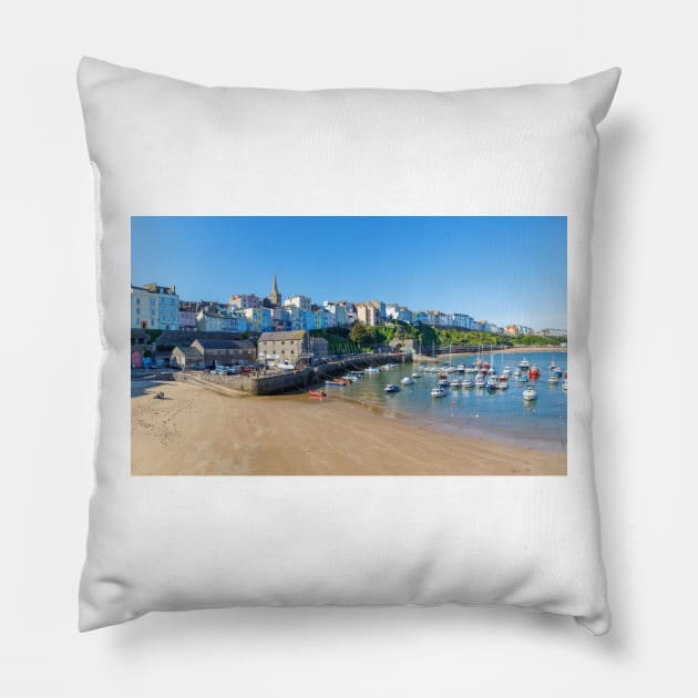 Tenby Harbour Beach, Pembrokeshire Pillow by GrahamPrentice