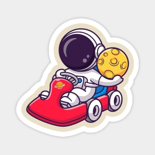 Cute Astronaut Riding Gokart With Holding Moon Cartoon Magnet