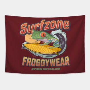 Funny Cute Red Eyed Tree Frog Surfing Tapestry