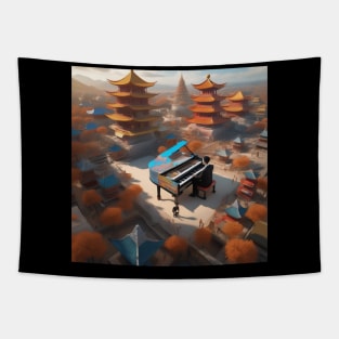 Pianist Playing In A Chinese Village Surrounded By Pagodas Tapestry