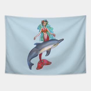 Mermaid Dolphin Woman Girl Female Swimming Ocean Animal Cetacean Aquatic Waves Red Blue Tapestry