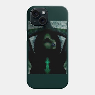 Portrait, digital collage, special processing. Beautiful but dark, like witch, woman. Tale. Green and blue. Phone Case