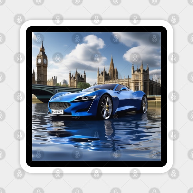 A Blue Sports Car Floating On The River Thames Magnet by Musical Art By Andrew