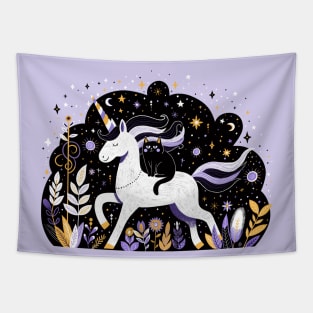 Unicorn and black cat - fantasy illustration Tapestry