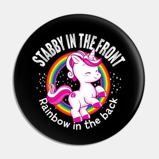 Stabby the unicorn with rainbows Pin