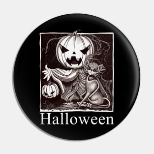 Pumpkin face scary with skeleton cat, cute Halloween in dark atmosphere Pin