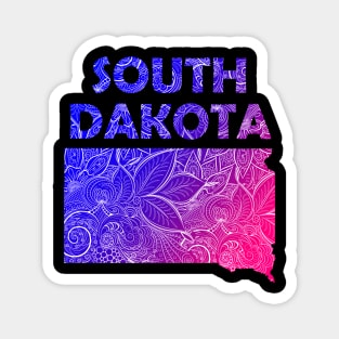 Colorful mandala art map of South Dakota with text in blue and violet Magnet