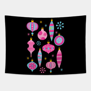 Retro Christmas Ornaments Pink - Mid Century Modern - Black Tapestry