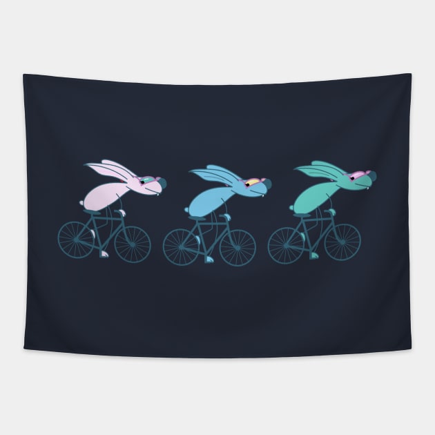 Three funny bicycle bunnies Tapestry by spontania