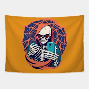 Skeleton Selfie: Hilariously Spooky T-Shirt Design Tapestry