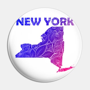 Colorful mandala art map of New York with text in blue and violet Pin