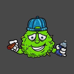 Weed Bud Cartoon With Smoking, Wearing Hat and Bring Paint Spray. T-Shirt