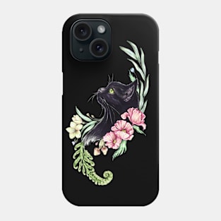 Black cat with leaves and flowers Phone Case