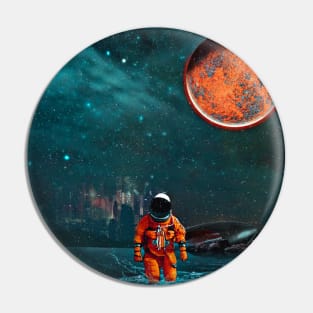 Astronaut Crash Landing on Alien Planet with Orange Moon Pin