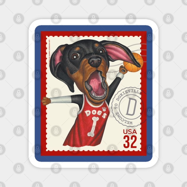 Funny doxie with basketball going for slam dunk Magnet by Danny Gordon Art
