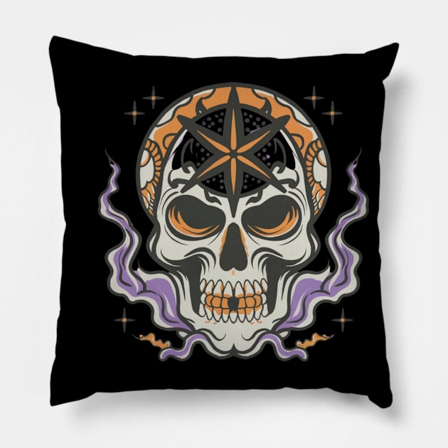 Spooky Star Sign Skull Tattoo Pillow by Goku Creations