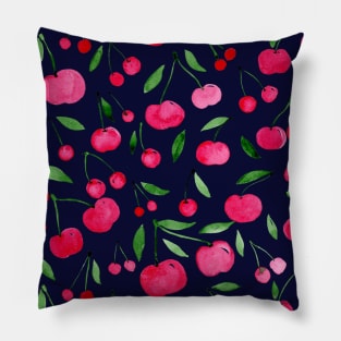 Watercolor cherries pattern - red, green on dark blue Pillow