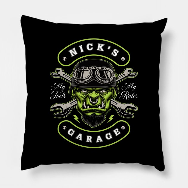 Nick's Garage Personalized Men's Gift Pillow by grendelfly73