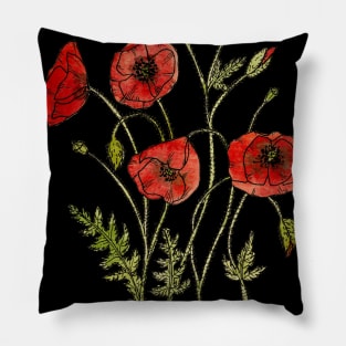 Poppies Botanical Illustration Pillow