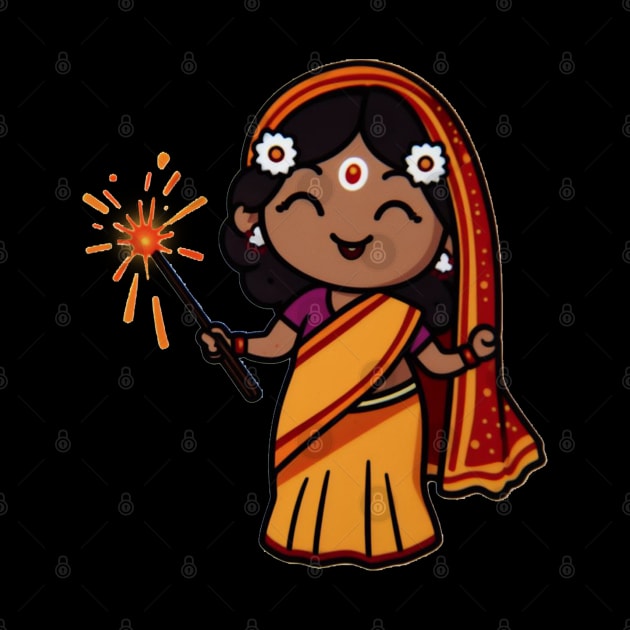 Graceful Celebration: Indian Woman in Traditional Attire with Fireworks by abdelDes