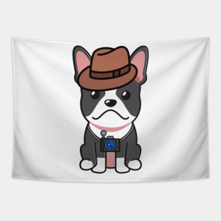 Funny french bulldog is holding a camera Tapestry