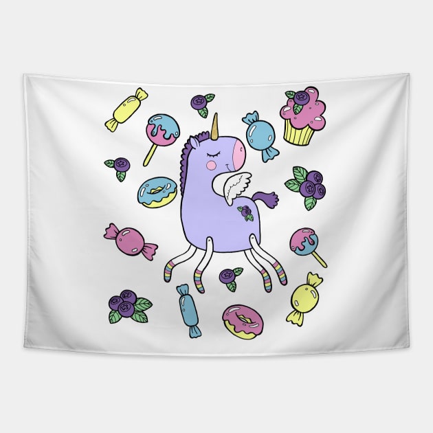Blueberry Unicorn Tapestry by crazypangolin