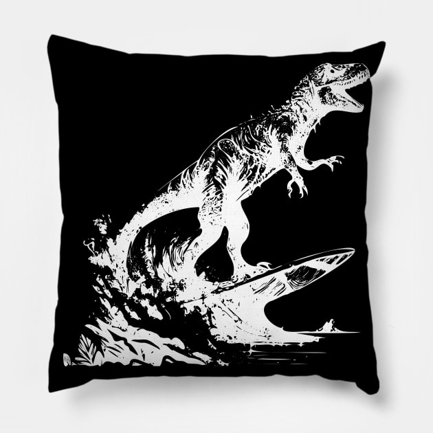 Dinosaur Surfing in Style Pillow by Vooble