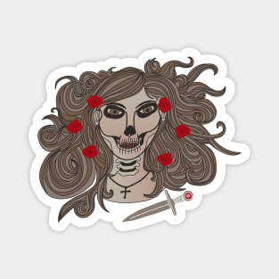 Hand Drawn La Catrina With Cross, Dagger And Roses (Light) Magnet