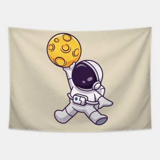 Cute Astronaut Playing Basketball Moon Cartoon Tapestry