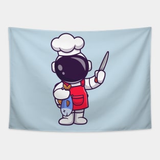 Cute Astronaut Chef With Fish And Knife Cartoon Tapestry