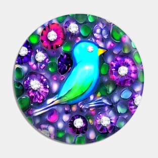 Blue Bird, Flowers and Gems Pin