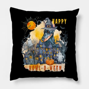 Dobermann Happy Howl-o-ween Ghost Houses Funny Watercolor Pillow