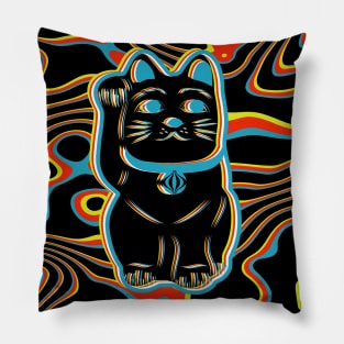 Japanese Maneki Neko Lucky Cat - Black Illusion Pillow