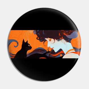 Woman and black cat (orange) Pin