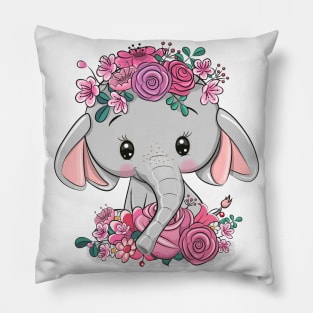 Cute little elephant with flowers on his head. Pillow