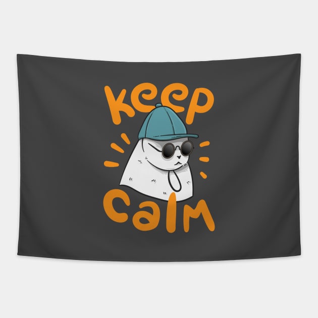 Illustration of a white cat wearing glasses and a hat "Keep Calm" Tapestry by Wahyuwm48