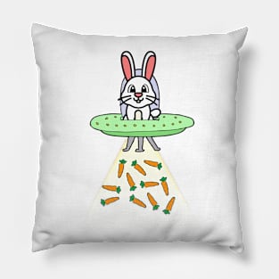 Funny white rabbit is flying a spaceship Pillow