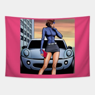 Comic Book Woman Standing with Car Tapestry